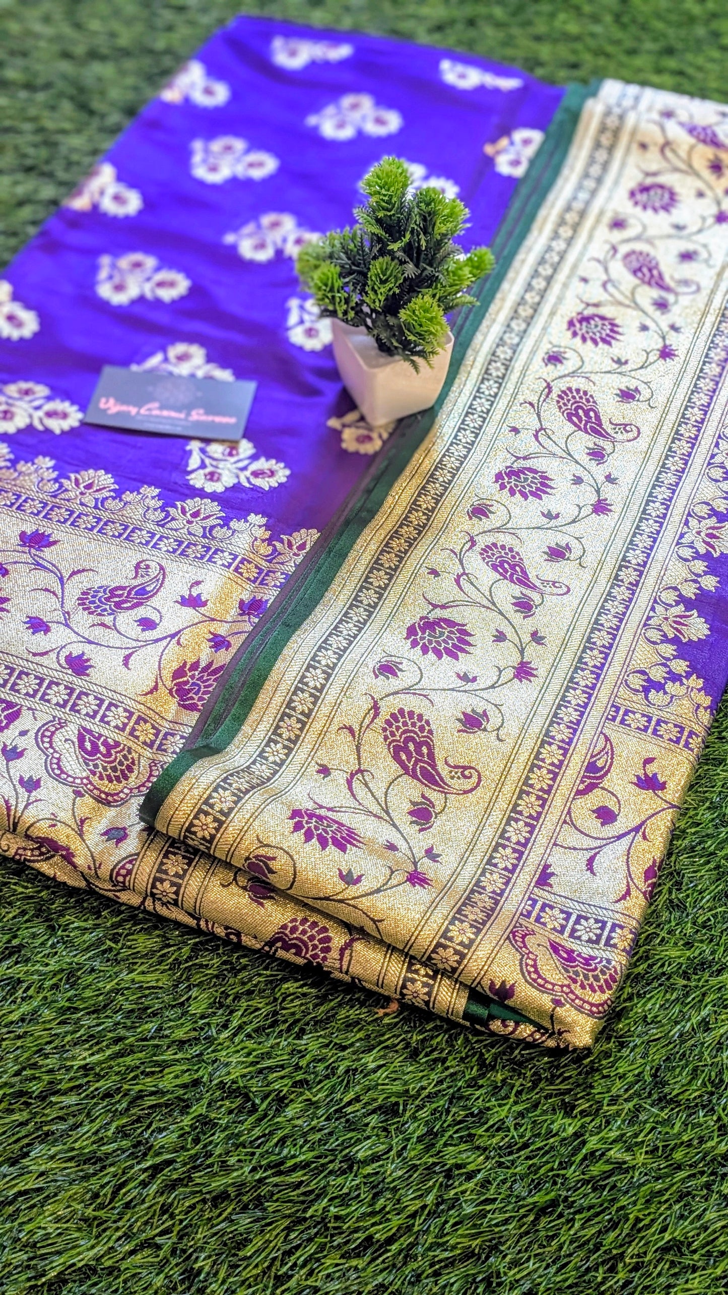 Banarasi Traditional Satin Mashru Katan Saree with Double Golden Zari Bootas and Contrast Meenakari Pallu