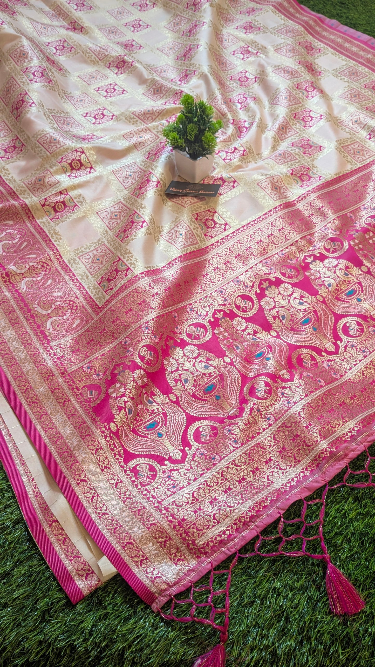 Banarasi Off-White Katan Silk Saree with Royal Ghatchola Design and Peacock Motifs