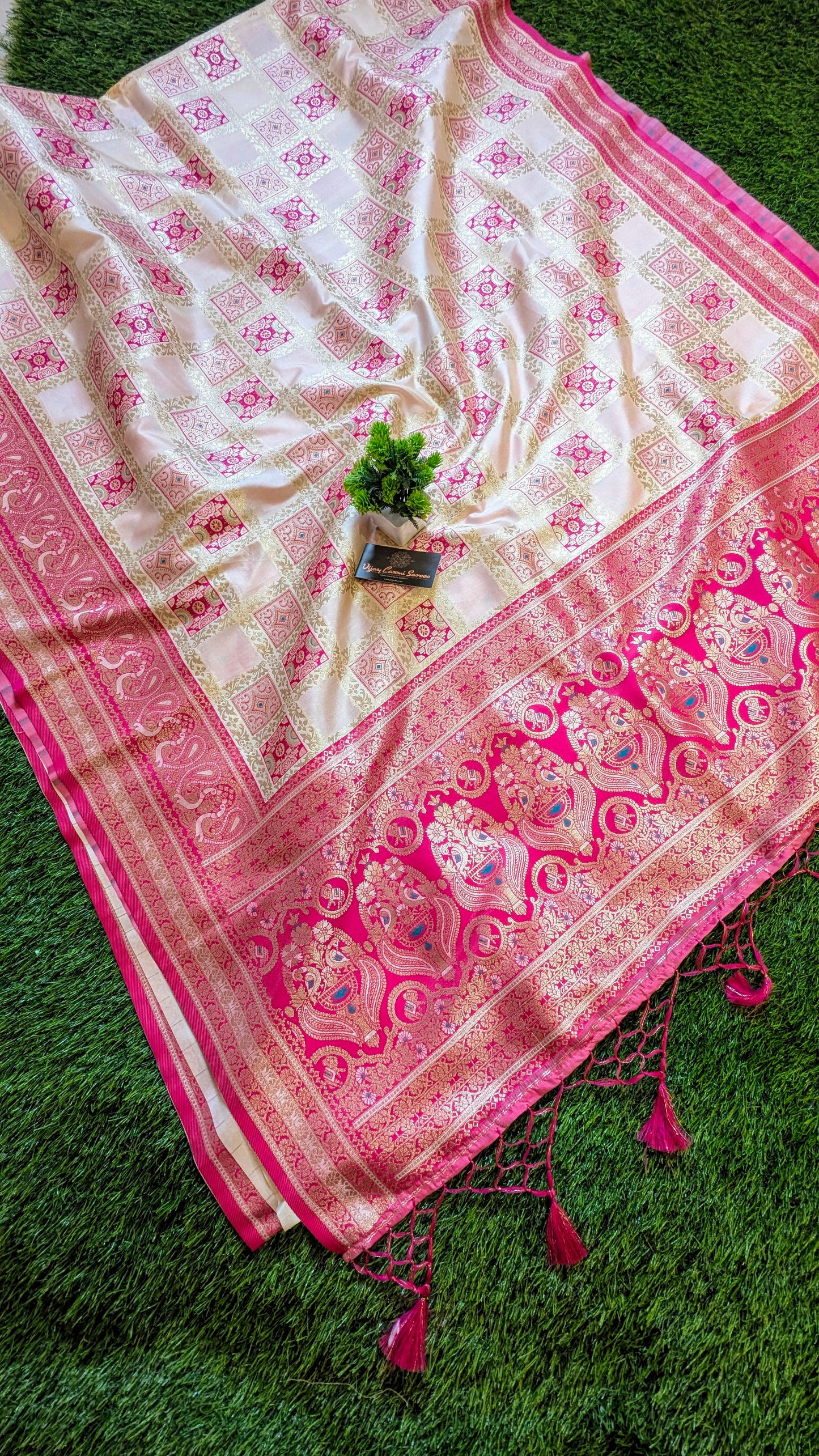 Banarasi Off-White Katan Silk Saree with Royal Ghatchola Design and Peacock Motifs