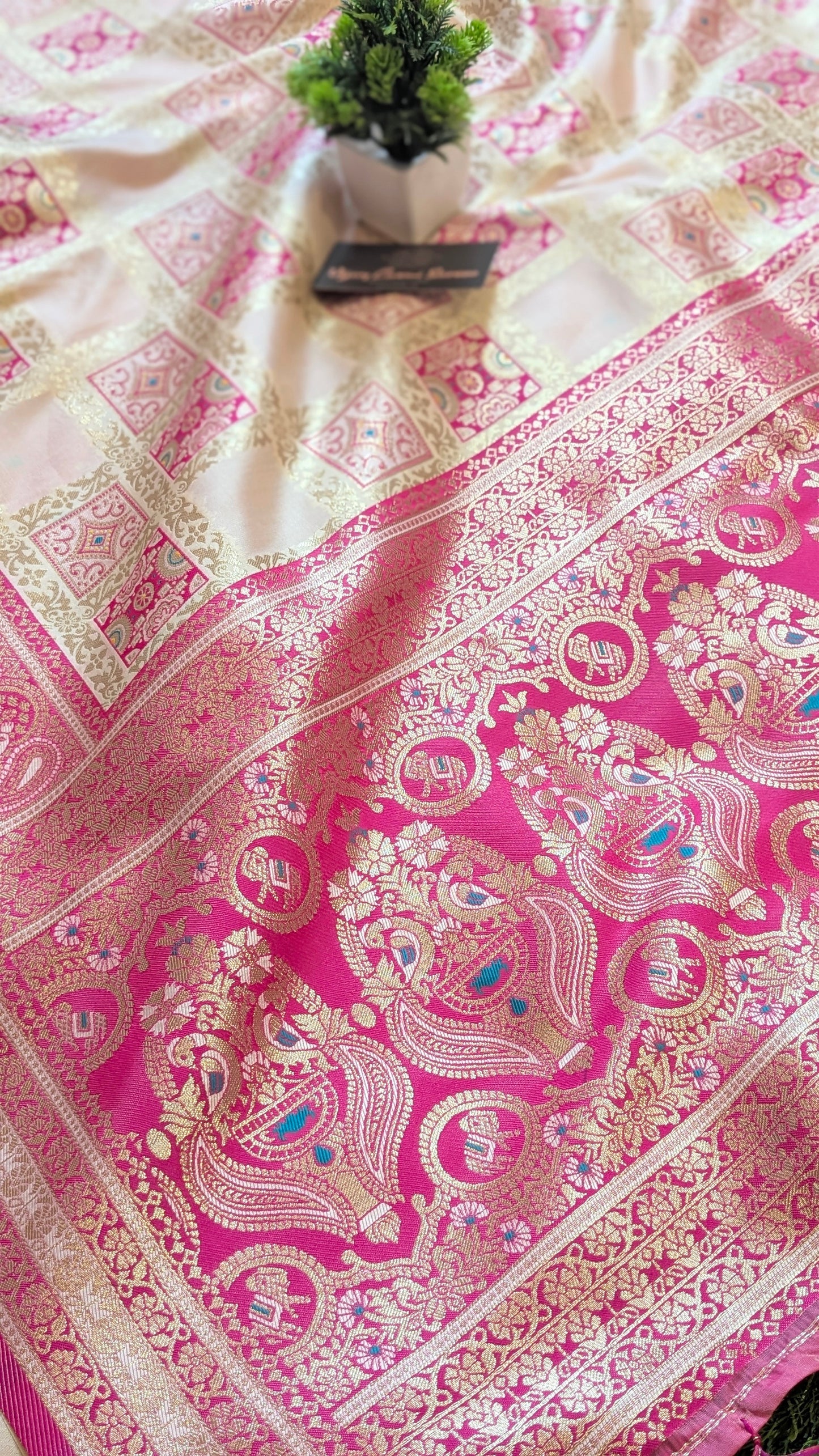 Banarasi Off-White Katan Silk Saree with Royal Ghatchola Design and Peacock Motifs