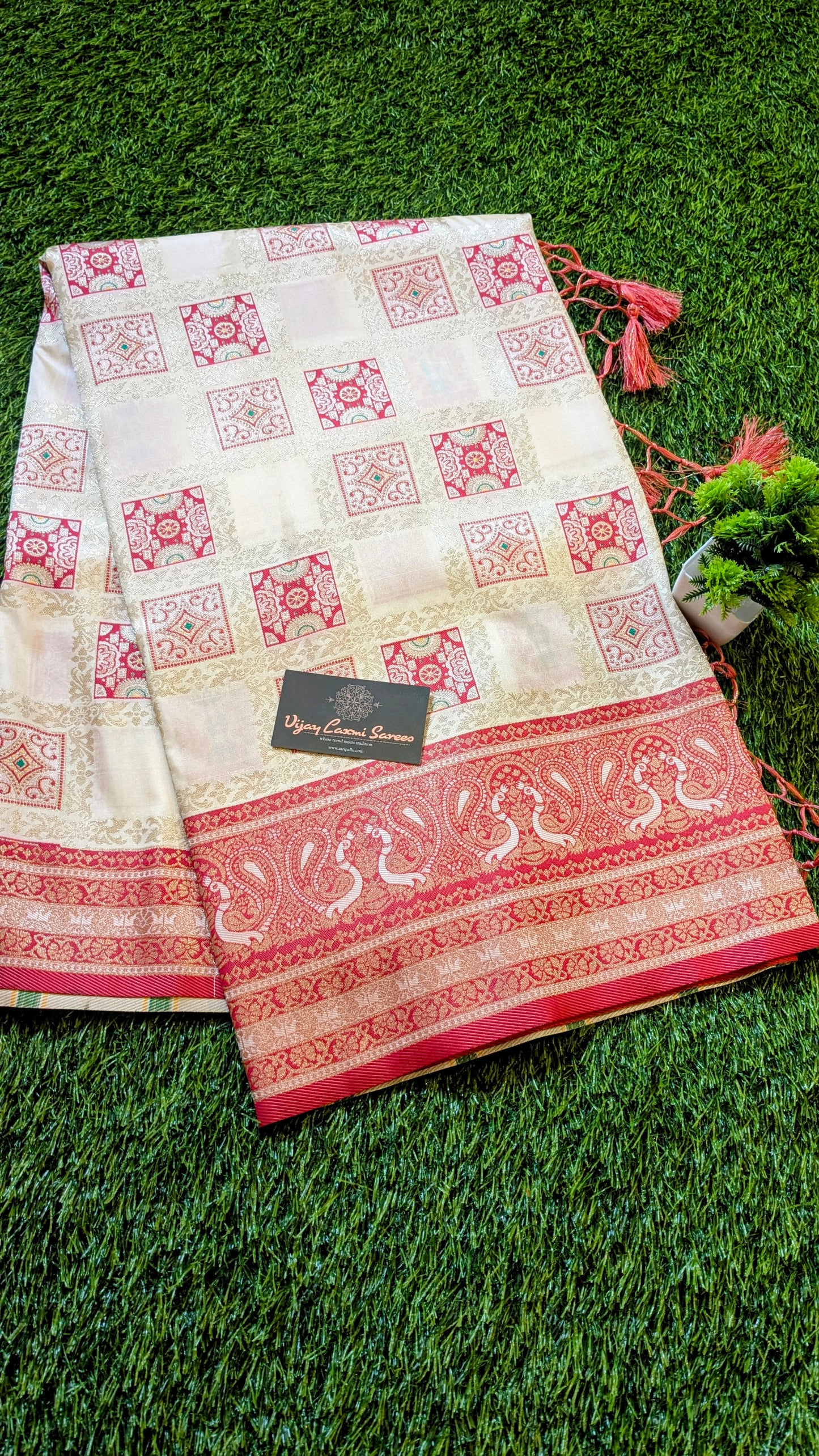 Banarasi Off-White Katan Silk Saree with Royal Ghatchola Design and Peacock Motifs