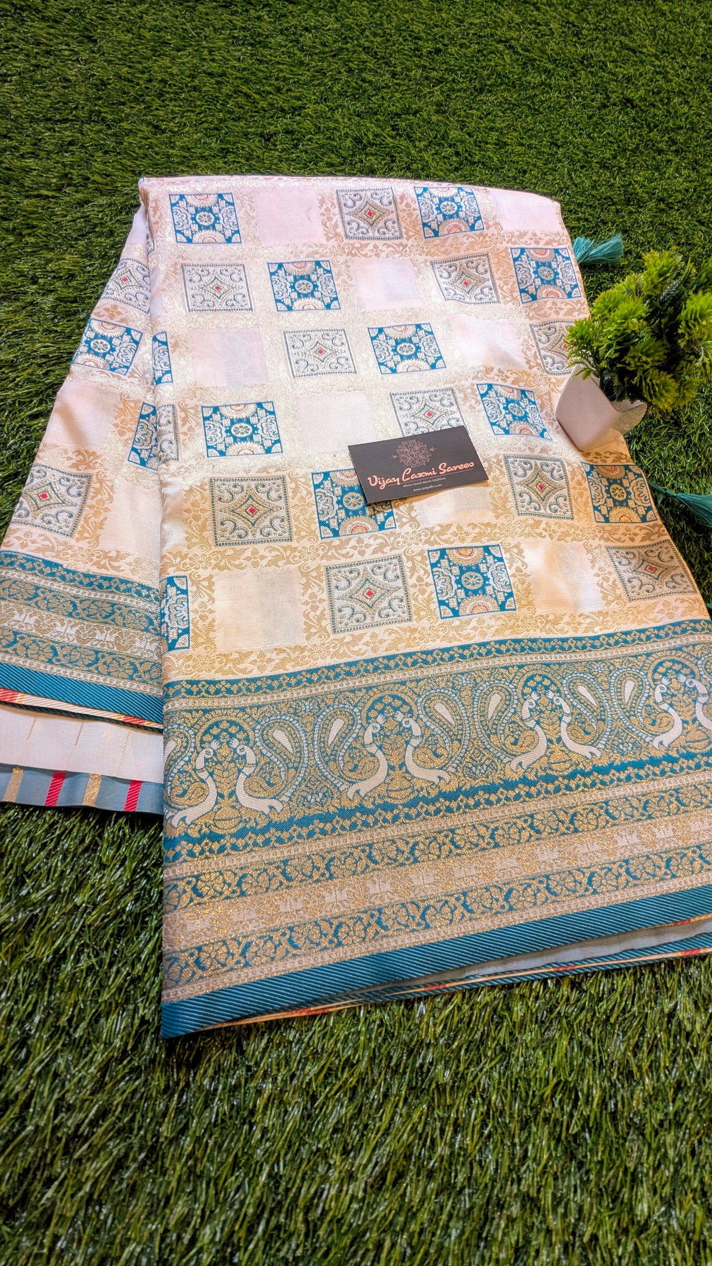 Banarasi Off-White Katan Silk Saree with Royal Ghatchola Design and Peacock Motifs