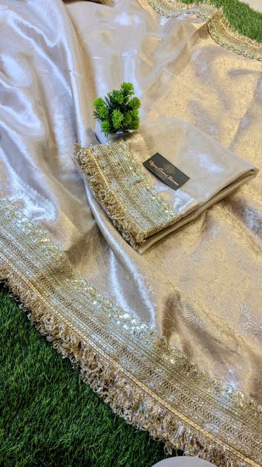 Viral Katan Tissue Silk Saree with Designer Lace Border – Celebrity-Inspired Elegance