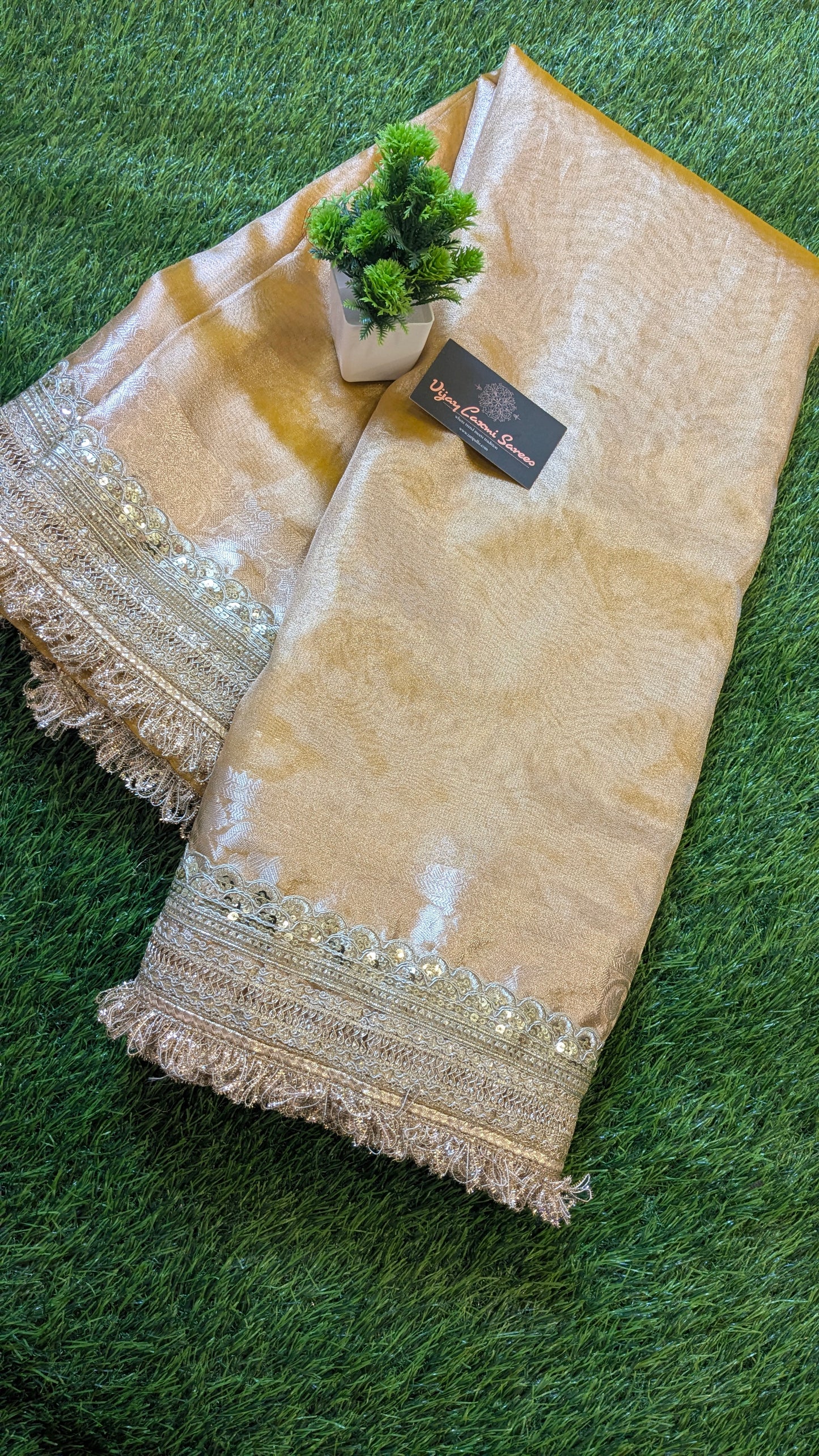 Viral Katan Tissue Silk Saree with Designer Lace Border – Celebrity-Inspired Elegance